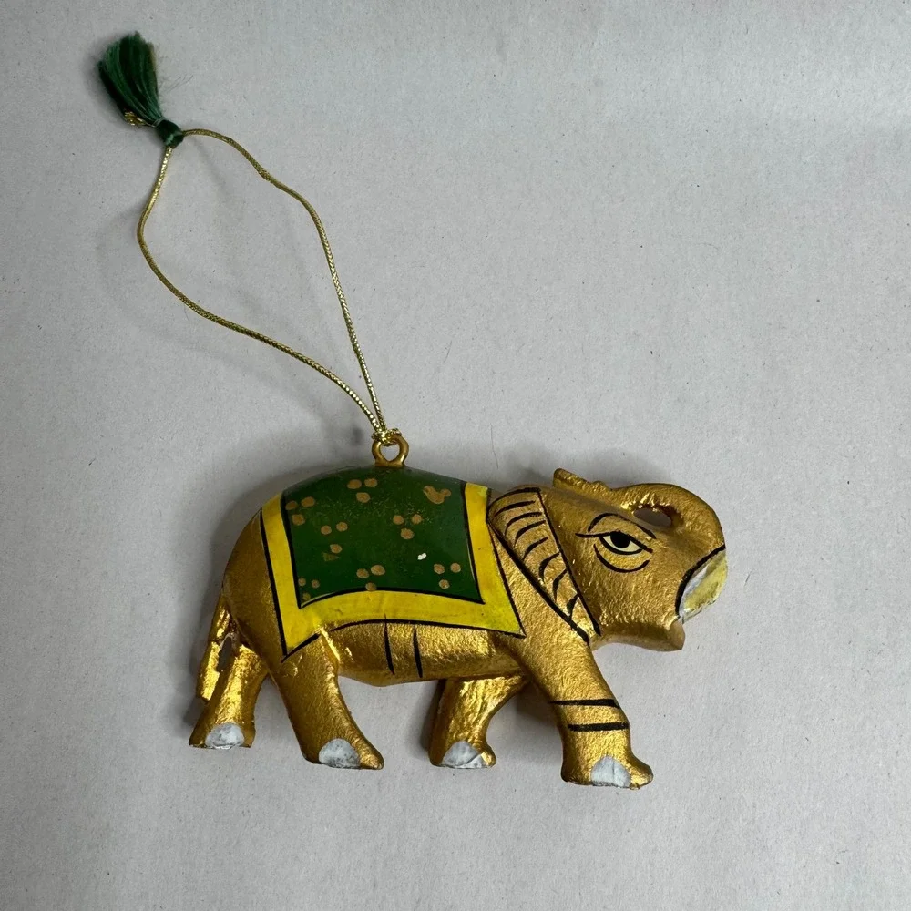 Hand Painted Gold Elephant Christmas Ornament Green Yellow Tassel‎ Hanging Decor